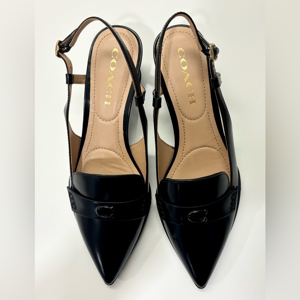 Coach Black Leather Pointed Slingback Loafers with Logo Band - Picture 3 of 5